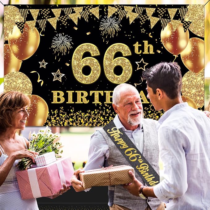 66th Birthday Decorations Men Women with 66th Birthday Banner, Black and Gold Table Cloth, Number Balloons, Sash, Cake Topper and Candles