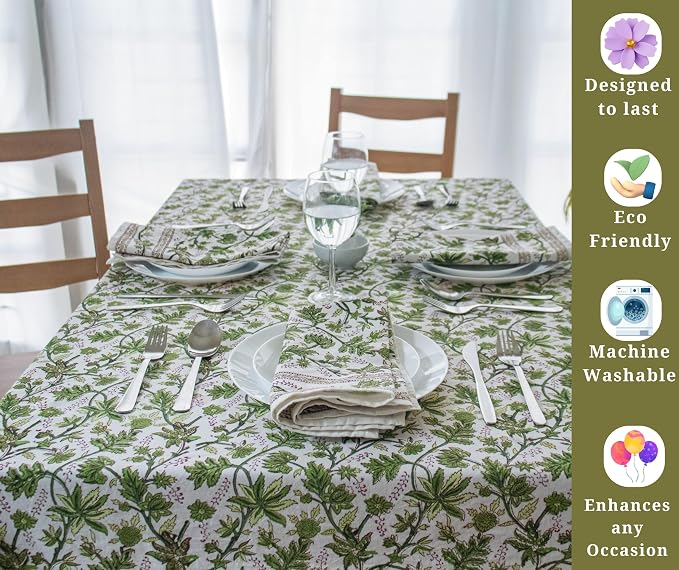 Light Green Block Print Table Cloth- 60x120 Inch Rectangle 100% Cotton Handmade Pre-Shrink, Washable for Spring, Kitchen & Dining Perfect for Chirstmas Patio, Indoor & Outdoor, Farmhouse