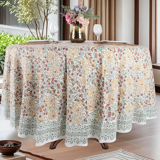 Ridhi Round Tablecloth Hand Block Print 100% Cotton ReusableCanary Yellow 132 Inch Table Cover Decorative Everyday Use for Dining, Home, Party, Wedding, Farmhouse, Party Gift for Spring, Mother's Day