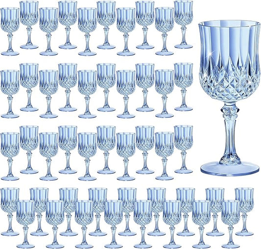 7OZ Plastic Wine Glasses, Reusable Vintage Goblets Unbreakable Drinking Glasses Crystal Water Cups Champagne for Wedding, Parties (48, Blue)