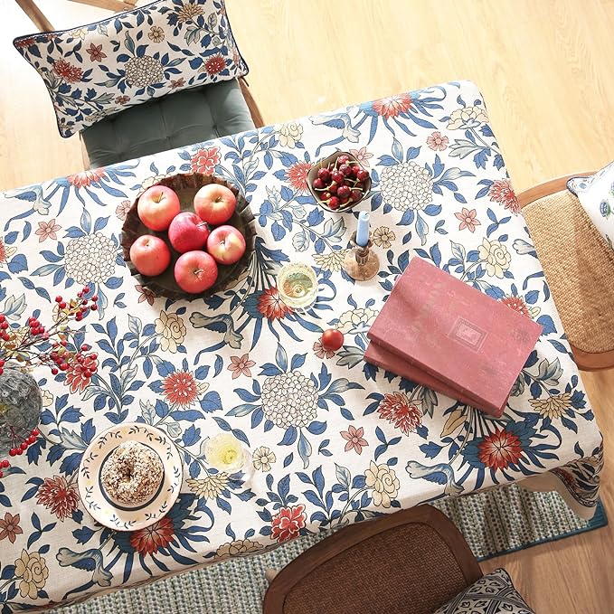 patdrea Vintage French Linen Tablecloth,Rectangular,87"x55"-Ivar A | Elegant Colorful Table Cloth for Rectangle Table,Blue and White Floral Patterned,Dining Room Tea Party Thanksgiving