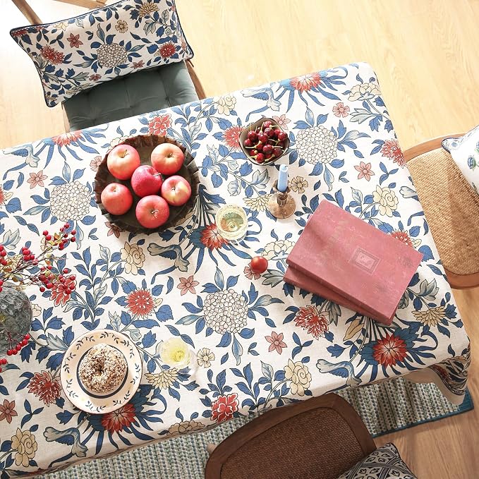 patdrea Vintage French Linen Tablecloth,Rectangular,118"x67"-Ivar A | Elegant Colorful Long Table Cloth for Rectangle Table,Blue and White Floral Patterned,Dining Room Tea Party Thanksgiving