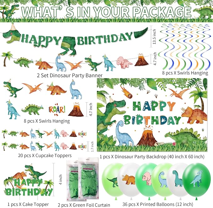 Dinosaur Birthday Decorations for Kids, Jungle Animal Dino Dinosaur Party Supplies for Birthday Baby Shower, Plate, Napkin, Cup, Banner, Tablecloth, Balloon, Swirl, Backdrop, Curtain, Serves 24