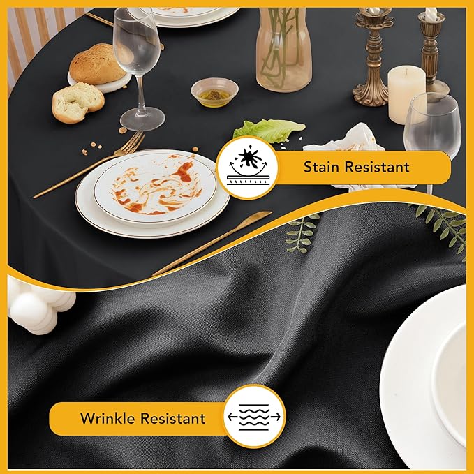 6-Pack Black Round Tablecloths, 108 Inches, Stain-Resistant Polyester for 4-5 Ft Round Tables - Washable Table Covers for Weddings, Banquets, Birthday Parties, Events