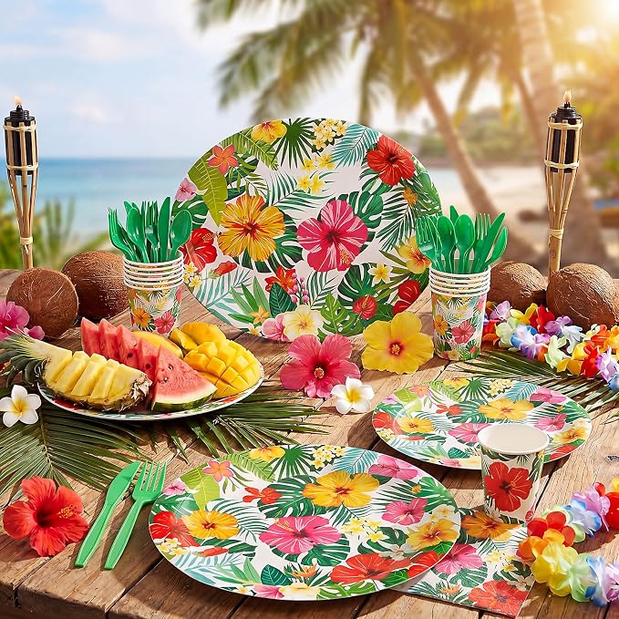 Pajean 350 Pcs Luau Tropical Party Supplies 12 in Disposable Hawaiian Luau Oval Plates and Napkins Palm Leaf Heavy Duty Paper Tableware Set for 50 Guests Summer BBQ Pool and Beach Party Decorations
