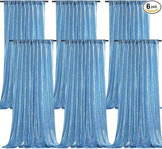 B-COOL Party Sequin Curtain Backdrop: 6 Panels 2ftx8ft Curtain Drapes Glitter Background for Bridal Shower Baby Shower Christmas Parties Decorations Baby Blue