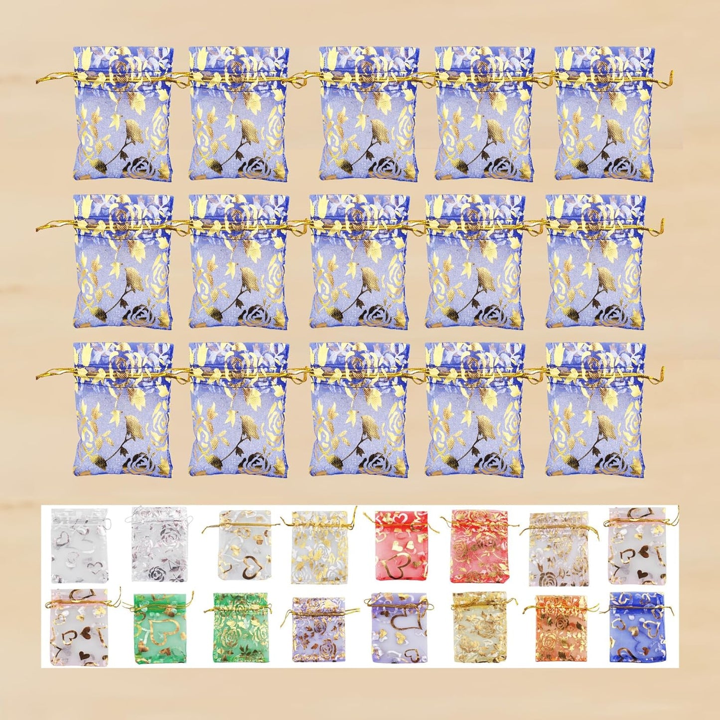 QIANHAILIZZ 100 Pack 2.8 x 3.5 Inch Flower Heart Organza Jewelry Gift Pouch Candy Pouch Drawstring Wedding Favor Bags B511S (royalblue gold flower)