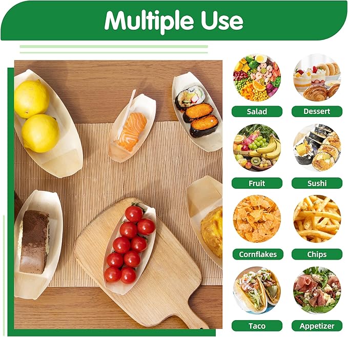 200-Pack Wooden Disposable Plates 6 IN Boat Plates Food Trays Disposable Dessert Plates Disposable Food Boats for Party Weddings Picnic (Actual Size Used: 3.39" D x 1.97" W x 0.63" H)