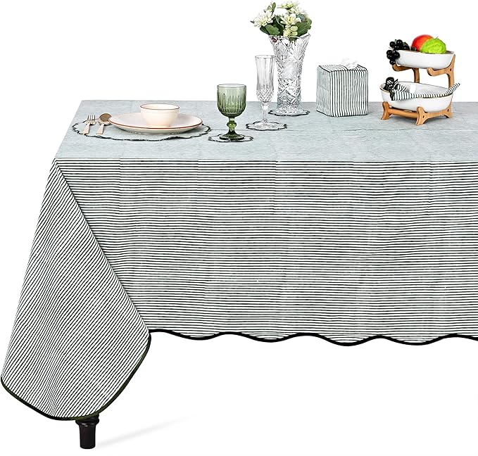 Ridhi Green Stripe Scallop 60x60 Inches Square 100% Cotton Hand Block Print Washable Decorative Spring Summer Parties/Wedding Use,Fall décor Farmhouse Dining Dinner Tablecloth