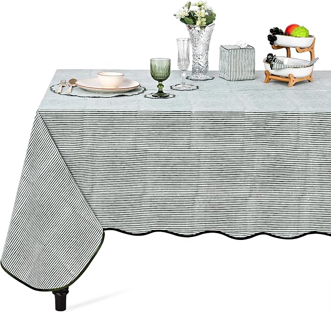Ridhi Forest Green Stripe Block Print 60x120 Rectangle Tablecloth Table Cover for Dining Tables, Handcrafted Farmhouse Kitchen Decor, Washable, Decorative Tablecloths for Spring, Easter, Valentine