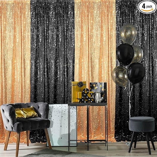 4 Panels 2 x 8 ft Black and Gold Sequin Backdrop Curtain Glitter Backdrop Curtain for Congrats Grad Graduation Party Decorations Birthday Wedding Background Anniversary Photography