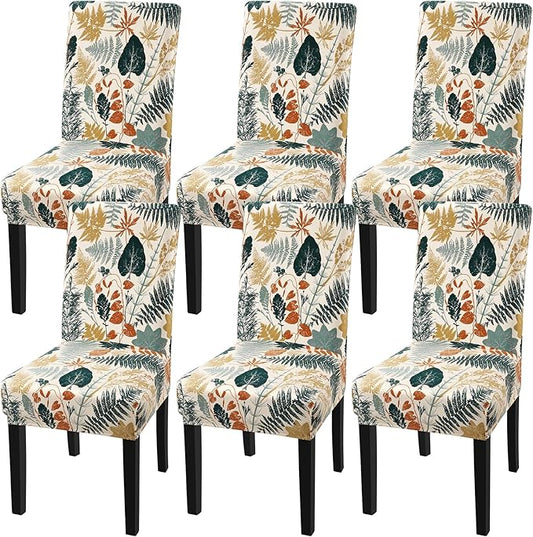 Fuloon Chair Covers for Dining Room 6 Pack, Printed Stretch Dining Slipcovers, Washable Kitchen Slip Covers for Parson Chair Leaves Cluster Printed, Set of 6