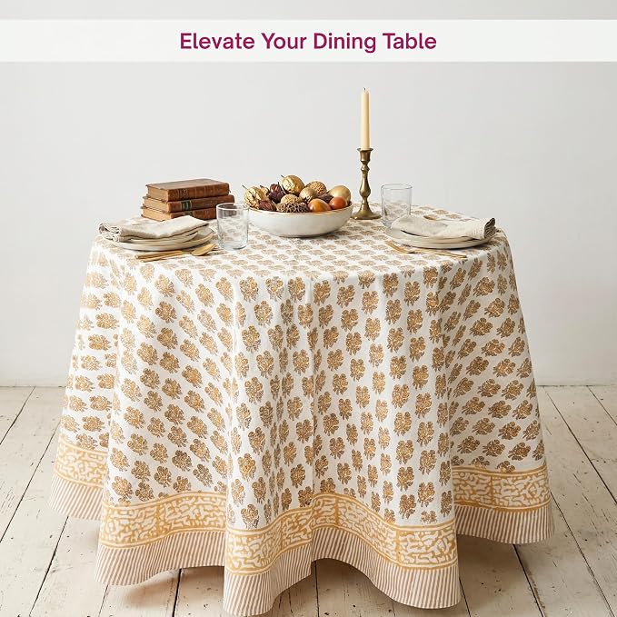 ATOSII Ivy Yellow 100% Cotton Round Boho Fall Tablecloth, Handblock Floral Table Cloth Linen for Kitchen Dining I Parties Weddings Outdoors Picnics Easter Mothers Day I 60" Inches Round I 4 Seater