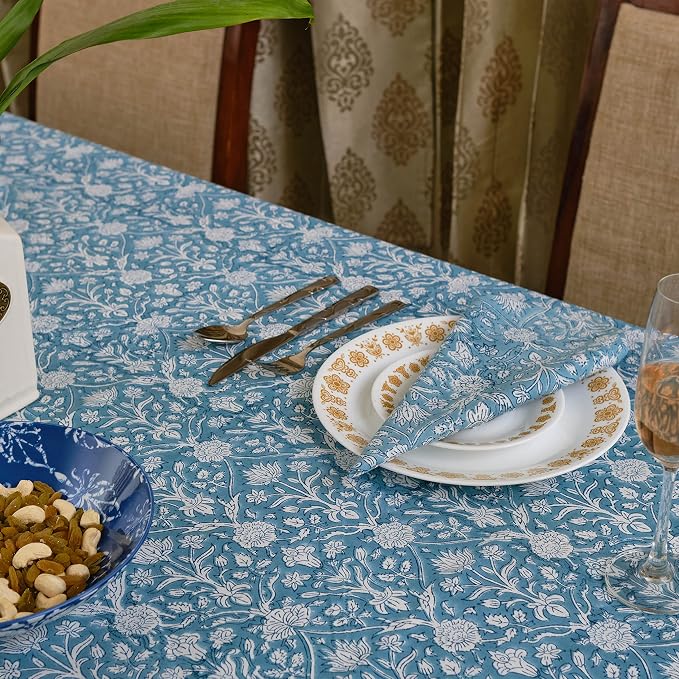 Ridhi Teal Gray Hand Block Print Cotton Rectangle Tablecloth 190" x 72" inches Reusable Table Cover Decorative Everyday Use for Dining Room, Farmhouse, Home Gift for Spring, Mother's Day