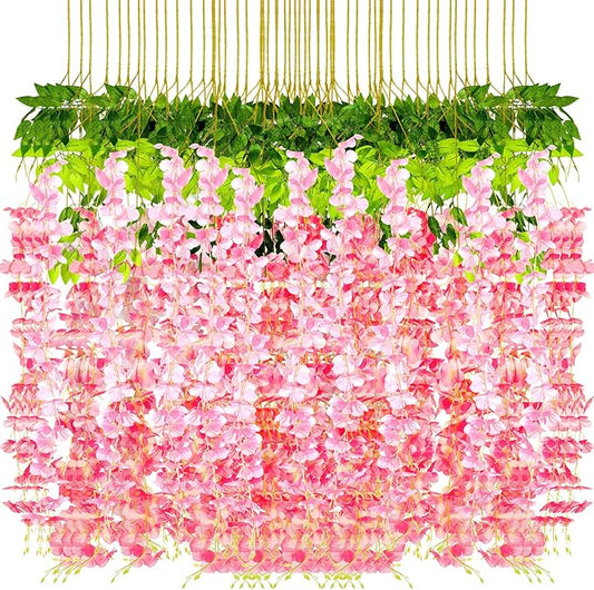 Yunsailing 108 Pack 43.2 in/ 3.6 ft Artificial Fake Wisteria Hanging Flowers Wisteria Faux Flowers Garland Silk Vine Rattan Long Hanging Flowers String for Home Outdoor Wedding Party(Pink)