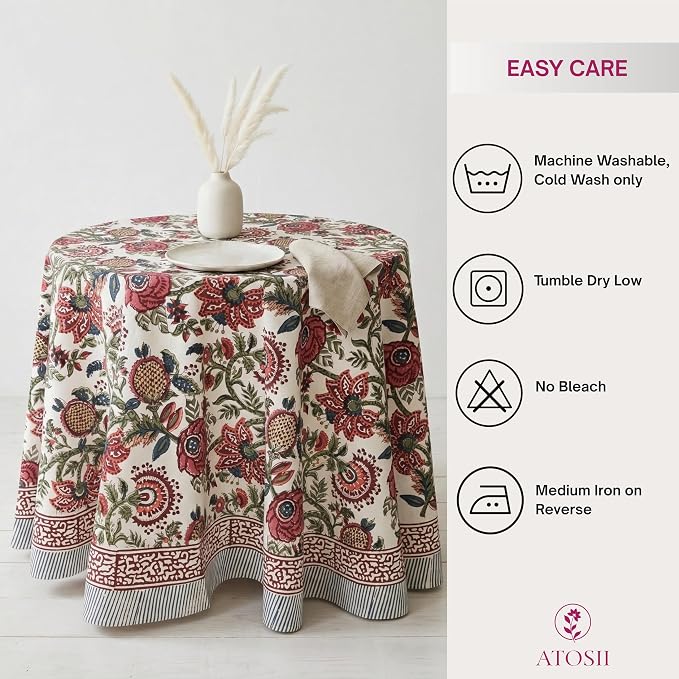ATOSII Ruby 100% Cotton Round Tablecloth, Handblock Print Floral Table Cloth for Kitchen Dining Linen I Parties, Weddings, Outdoors, Picnics, Easter Spring Summer Home Decor 72" Inches Round