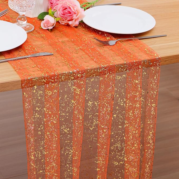 BINBE 1PCS Orange Table Runner 10Ft Sheer Chiffon Fabric Cheesecloth Sequin Glitter Table Runner for Wedding Birthday Party Decor
