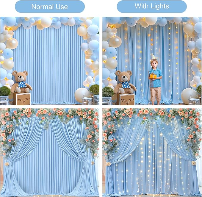 20x10FT Blue Backdrop Curtains with Lights for Parties,Wrinkle Free Wedding Photo Backdrop Curtains for Baby Shower Birthday Ceremony Reception Home Party Decorations-5ft x 10ft,4 Panels