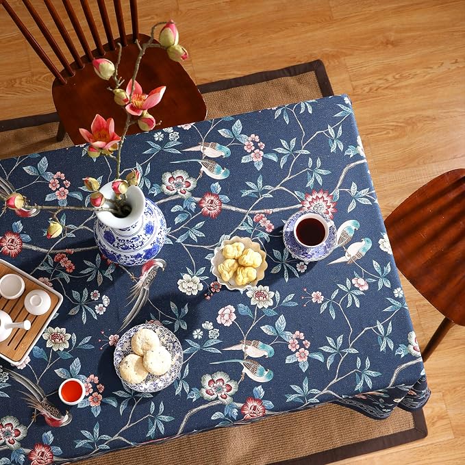 patdrea Elegant Vintage Linen Tablecloth,Rectangular,87"x55"-Lanruoting | Chinoiserie Table Cloth for Rectangle Table,Blue Oriental Bird Floral Print,Dining Tea Party Thanksgiving Table Decor