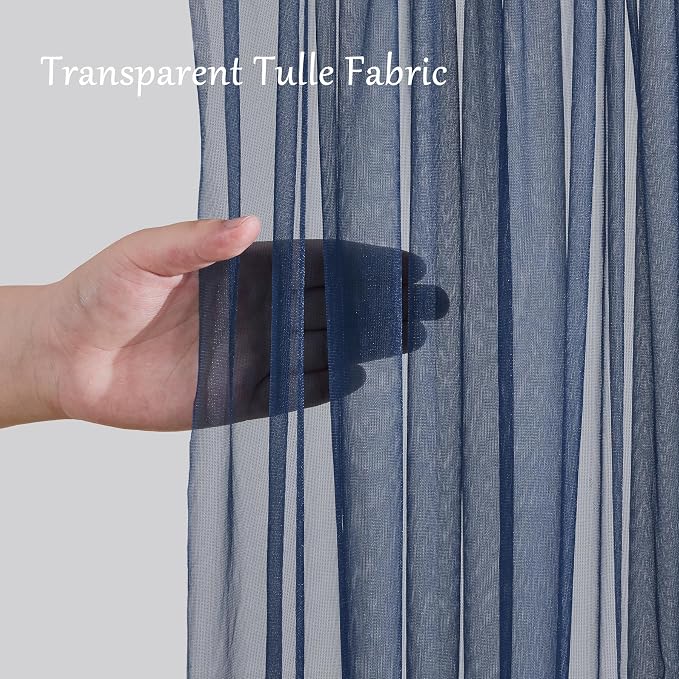 10x10ft Navy Blue Tulle Backdrop Curtain with Lights String for Parties, Sheer Photo Backdrop Drapes for Wedding Baby Shower Birthday Photography Stage Decorations