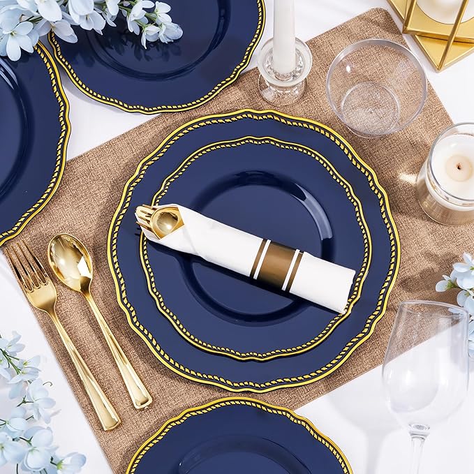 Hioasis 350pcs Blue and gold Plastic Plates - Blue Plastic Dinnerware Set Includes 50 Dinner Plates, 50 Dessert Dinnerware, 50 Cups, 50 Rolled Napkin Cutlery Perfect for Wedding