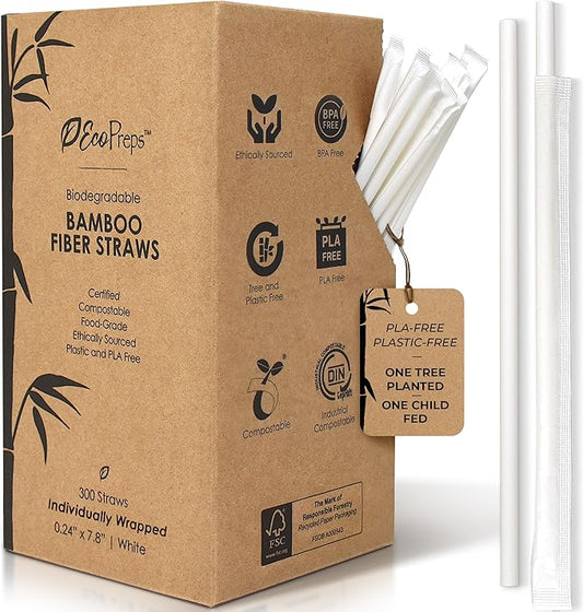 EcoPreps Biodegradable Bamboo Fiber Straws, Plastic-Free Individually Wrapped Straws | 300 Count, 100% Compostable, Eco-Friendly Drinking Straw | 7.8'' Plant Fiber Disposable Straw in White Paper Wrap