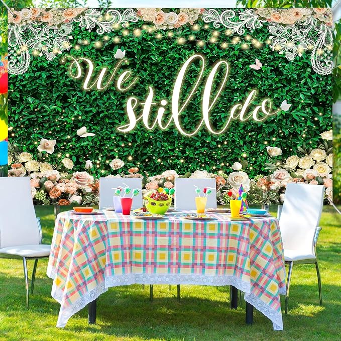 We Still Do Backdrop Green Leaves Lace Wedding Anniversary Photography Background Engagement Vow Renewal Bachelorette Party Decoration Banner Photo Booth Studio Props 9x6ft FU064YL