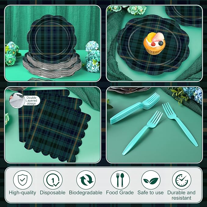 96 Pcs Tartan Plaid Baby Shower Plates and Napkins Set, Blue Green Baby Shower Party Supplies for 24 Guests include Disposable Green Tartan Scalloped Plates, Napkins and Forks for Baby Shower Wedding