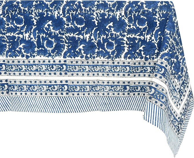 ATOSII Paradise Blue 100% Cotton Rectangle Summer Tablecloth, Handblock Floral Print Linen Table Cloth for Kitchen Dining I Parties, Weddings, Outdoors, 60 X 108 Inches I 8 Seater