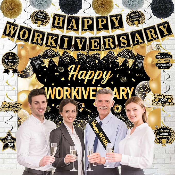 DARUNAXY Happy Workiversary Party Decorations for Men Women, Black Gold Happy Work Anniversary Banner Cake Topper Hanging Swirl Confetti Balloons Decor Set for Employee Office Party Supplies(31PC)