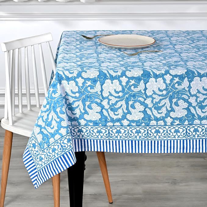 Ridhi Magic Blue Hand Block Print Cotton Rectangle Tablecloth 160" x 72" inches Reusable Table Cover Decorative Everyday Use for Dining Room, Farmhouse, Home Gift for Spring, Mother's Day