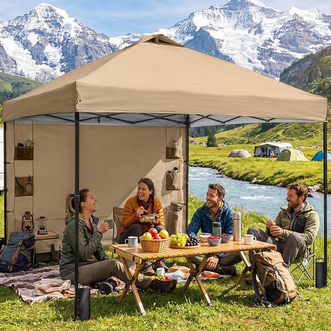 GAFETE 10×10 Pop Up Canopy Tent with 1 Pockets Sidewall, Easy up Sun Shade with One Push Setup, Portable Instant Outdoor Canopy Tent for Events Parties Camping with Carrying Bag (Sand, 10x10 FT)