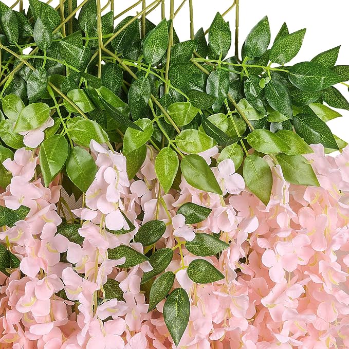 Pauwer 12 Pack (43.2 FT) Artificial Wisteria Vine Ratta Fake Wisteria Hanging Garland Silk Long Hanging Bush Flowers String Home Party Wedding Decor (12 Pack, Blush Peach)