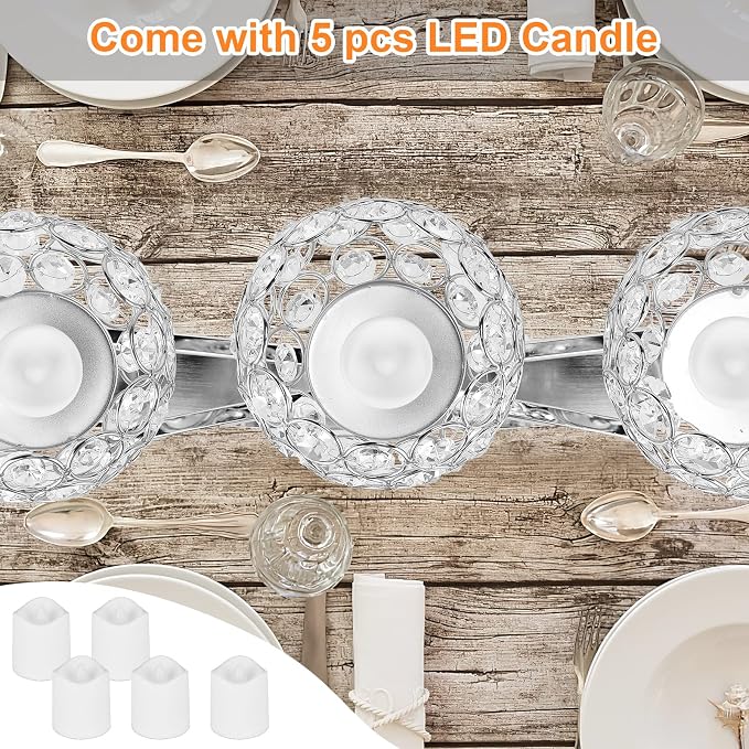 Silver Crystal Candle Holders, Decorative Arch Candelabra Centerpieces for Tables, 3-Arm Candlesticks Holder and 2 Glass Holders, Silver Table Decor for Wedding, Party, Anniversary