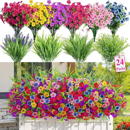 Alupssuc 24 Bundles Artificial Flowers for Outdoors Spring Decoration, UV Resistant Eucalyptus Violet and Lavender Silk Fake Plants for Outside Indoor Decor, Red Rose Purple Blue Yellow Pink