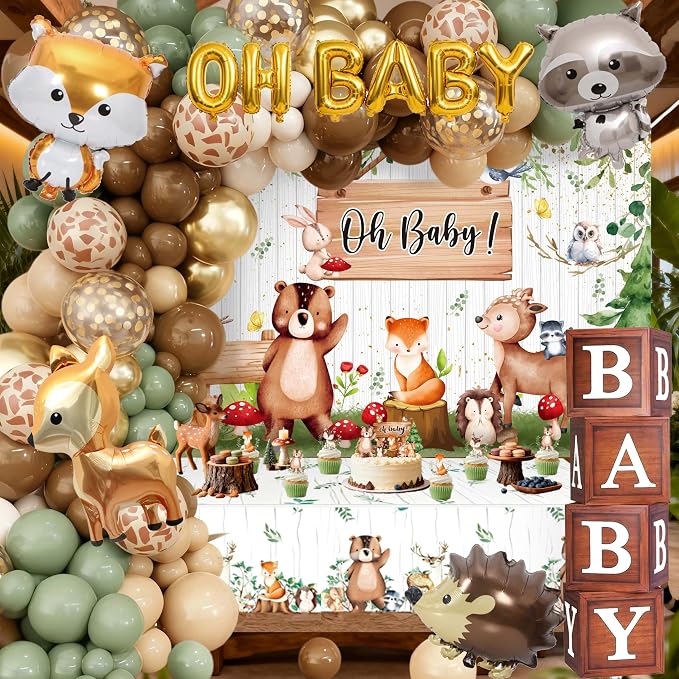 Woodland Baby Shower Decorations Neutral - Forest Animals Party Supplies Include Balloon Garland Arch, Oh Baby Backdrop, 4 Wood Grain Boxes, Fox Deer Raccoon Foil Balloons - Sage Green Gold