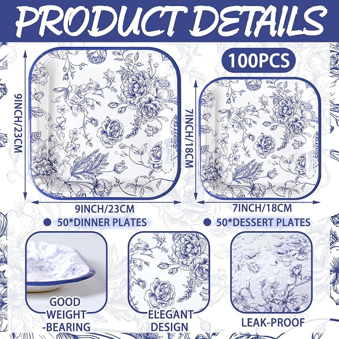 Umigy 100 Pcs Paper Plates Flower Dinner 9'' Floral Disposable Paper Plates 7'' Square Dessert Set for Dinner Birthday Wedding Baby Shower Party Tableware(Blue,Flower)