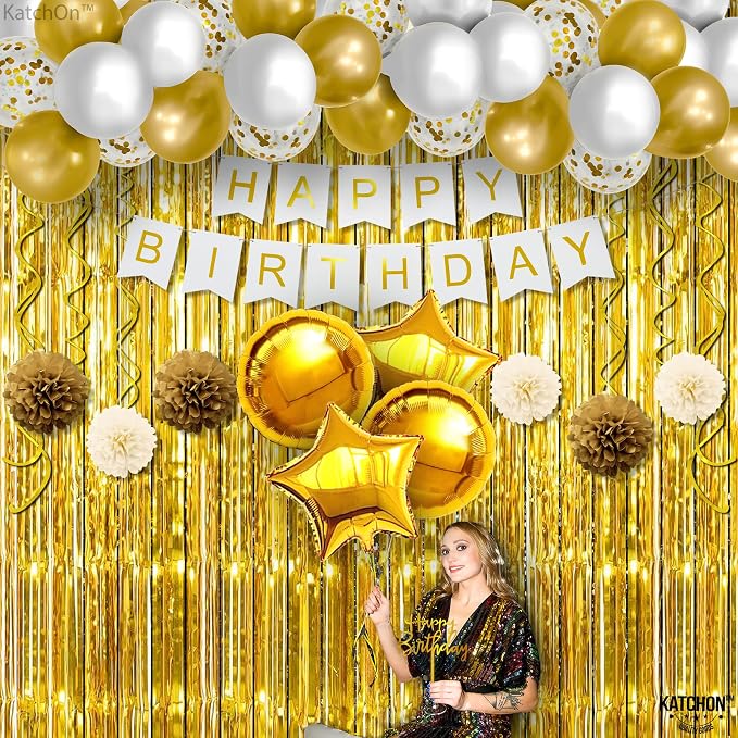 KatchOn, Gold Birthday Decorations Set - Pack of 45 | Happy Birthday Banner, Star Balloons, Pom Poms, Balloons for Gold Party Decorations | Bday Decorations for women, Men