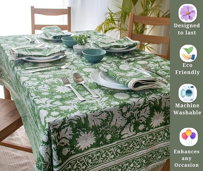 Chirstmas Green Block Print Table Cloth- 60x108 Inch Rectangle 100% Cotton Handmade Pre-Shrink, Washable for Spring, Kitchen & Dining Perfect for Patio, Indoor & Outdoor, Farmhouse