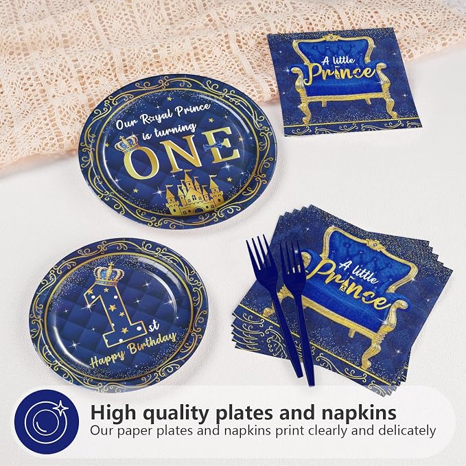 96Pcs Royal Prince 1st Birthday Party Decorations Blue Gold Baby Boy Plates and Napkins Blue Gold Little Prince Tableware Set for Boys 1st Birthday Baby Shower Party Supplies Serves 24