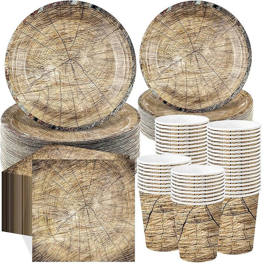 Ziliny 250 Pieces Rustic Wood Grain Party Tableware Set - Disposable Paper Plates, Cups & Napkins for 50 Guests - Lumberjack, Farmhouse, Camping, Forest Theme Birthday Decorations(Grey)
