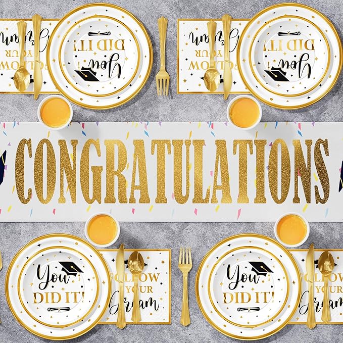 Ecomore Graduation Decoration Class of 2026, 350PCS Graduation Party Supplies Disposable Dinnerware(Serve 50) with Paper Plates Cup Napkin Fork Knife Spoon College High School Grad Decor(White & Gold)