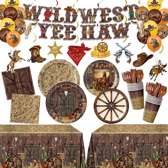 203pcs Western Cowboy Birthday Party Decorations Disposable Tableware Set Include Plates, Napkins, Cups, Cutlery, Balloon, Banner, Hanging Swirl, Tablecloth for Cowboy Birthday Decor Serve 24