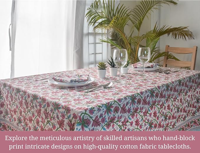 Block Print Table Cloth- 60x90 Inch Rectangle 100% Cotton Handmade Pre-Shrink, Washable for Spring, Kitchen & Dining Perfect for Patio, Indoor & Outdoor, Farmhouse