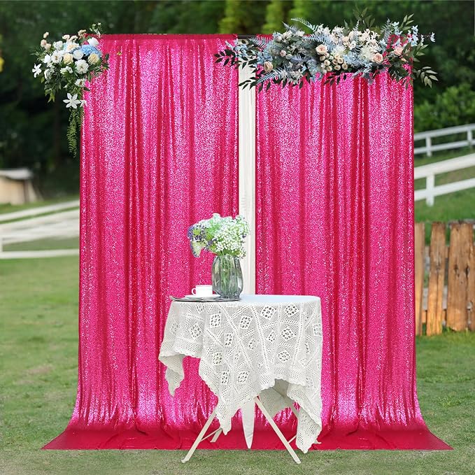 PartyDelight Hot Pink Sequin Backdrop Curtains 5x10ft 2 Panels | 3mm stitched sequin curtain with 4 inch rod pocket for 5x10ft wide reception wall head table stage backdrop and event display