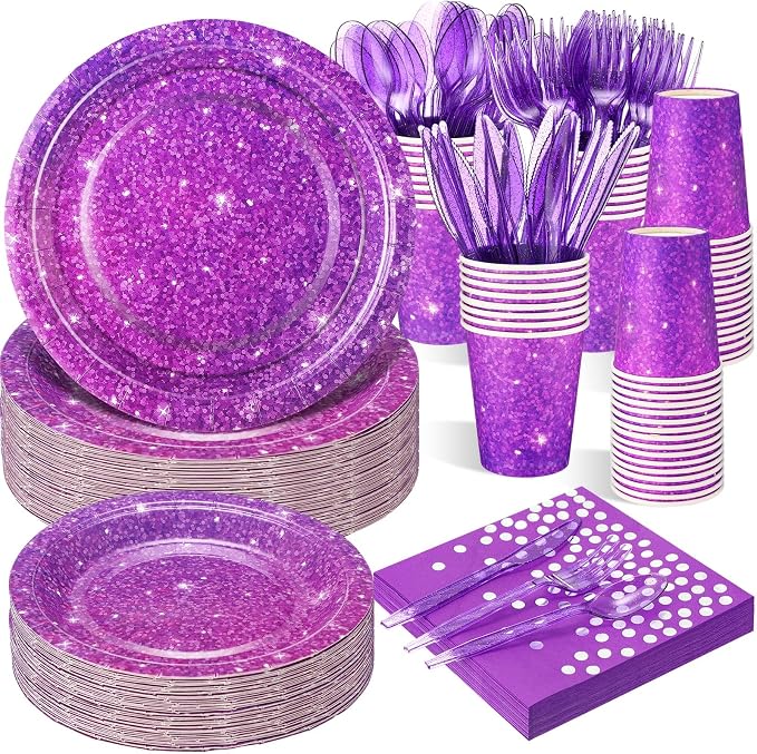 Hushee 350 Pcs 50 Guests Purple Paper Party Plates and Cups Napkins Sets Holographic Glitter Disposable Dinnerware Plastic Forks Knives Spoons Birthday Bachelorette Wedding Party Supplies