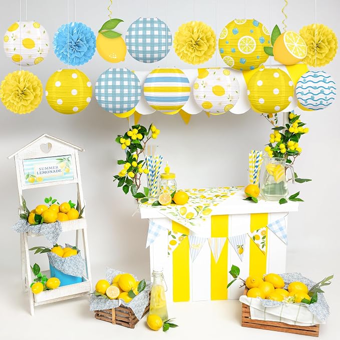 Renbuzhu 15PCS Summer Lemon Party Decorations Paper Lanterns Pom Poms Hanging Swirls Yellow Blue Theme Lemonade Stand Italian Decor for Birthday Home Backyard Indoor Outdoor