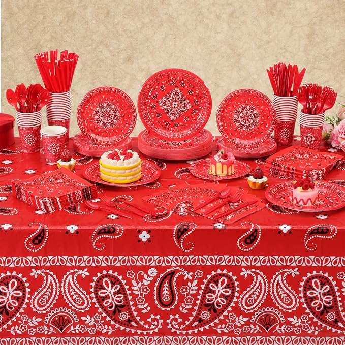 Funnymoom 452 Pcs Red Bandana Western Party Decorations for 50 Guests, Red Bandana Paper Plates Cups Napkins Tablecloth Cutlery Straws for Cowboy Cowgirl Farm Baby Shower Birthday Party Supplies