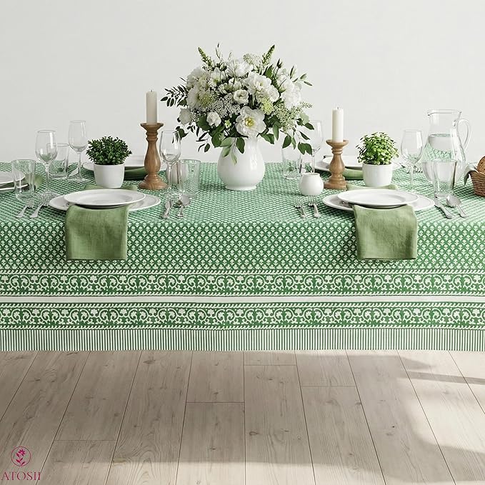 ATOSII Queen Green 100% Cotton Tablecloth, Handblock Print Rectangle Table Cover for Kitchen Dining I Tabletop Linen I Parties, Thanksgiving, Christmas, Wedding, Fall Table Cloth 60 X 90 Inches