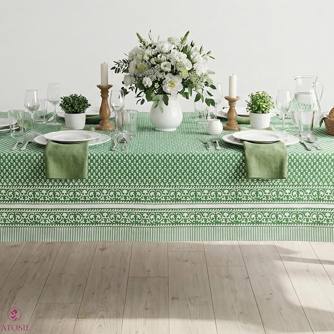 ATOSII Queen Green 100% Cotton Tablecloth, Handblock Print Rectangle Table Cover for Kitchen Dining I Tabletop Linen I Parties, Thanksgiving, Christmas, Wedding, Fall Table Cloth 60 X 108 Inches